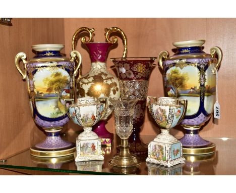 A GROUP OF CERAMICS AND GLASSWARES, to include a pair of Noritake pedestal twin handled vases, with landscape panels, height 