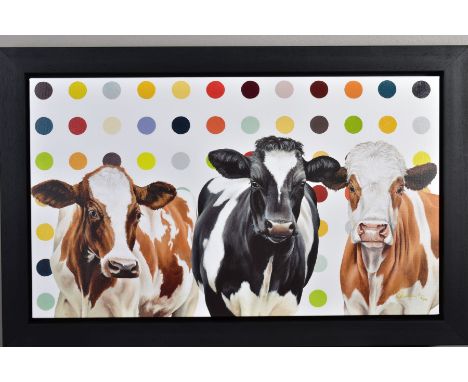 HAYLEY GOODHEAD (BRITISH CONTEMPORARY) 'DAMIENS HERD' a limited edition box canvas print 31/195 cows against a spotted backdr