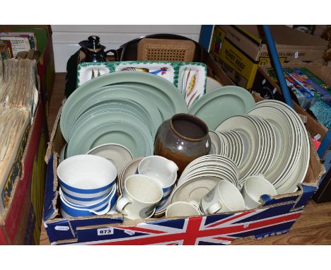 TWO BOXES OF CERAMIC AND SUNDRY KITCHENALIA to include T G Green, Royal Doulton 'Earth Flower' dinnerwares, Wedgwood, Thermos
