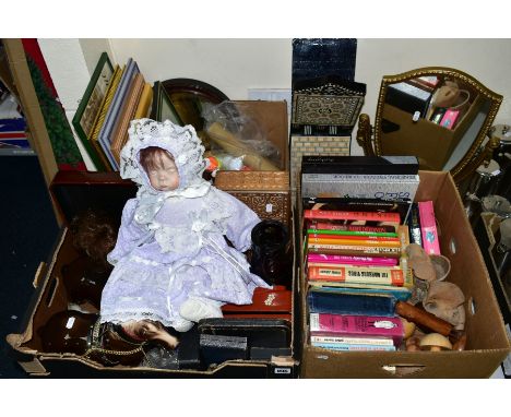 THREE BOXES AND LOOSE SUNDRY ITEMS to include a Quran/Koran book stand, shield shaped mirror with stand, reproduction bisque 
