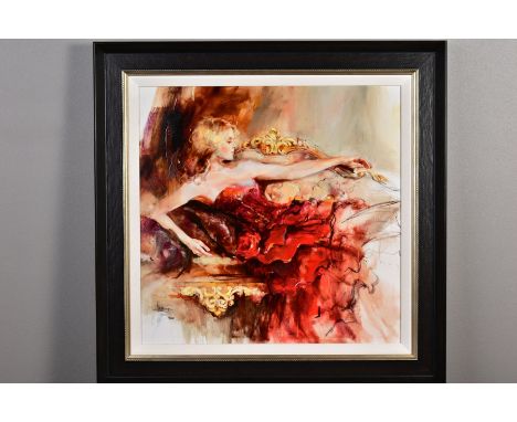 ANNA RAZUMOVSKAYA (RUSSIAN CONTEMPORARY) 'ENGLISH ROSE' a limited edition hand embellished print of a female wearing a red dr