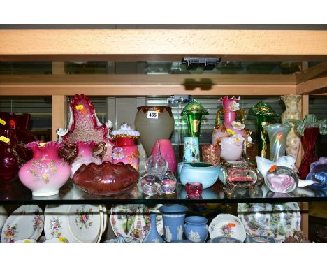 A COLLECTION OF DECORATIVE GLASS, to include Victorian style vases with applied decoration, bevelled edge glass trinket box, 