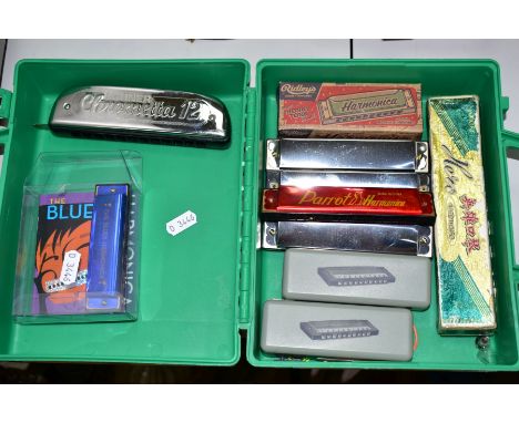 A GROUP OF TEN HARMONICA, including Homer 'Chrometta 12', 'The Blues Harmonica', Ridleys 'Honky Tonk' boxed harmonica, 'Hero'