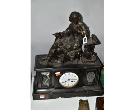 A SLATE MANTLE CLOCK having Roman numerals to the dial, spelter student figure to the top, some damage, but loose pieces incl