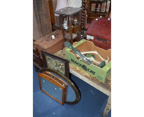 A VINTAGE TRAVELLING TRUNK (sd) together with a box containing a pair of antlers  etc, and an oak framed print and two mirror