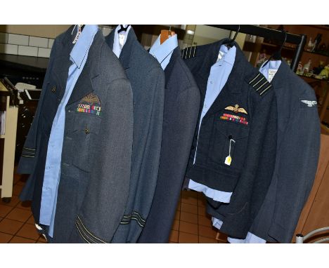 FIVE RAF UNIFORM JACKETS, TROUSERS AND SHIRTS/CAPS, mainly WWII/post WWII era, some with insignia/medal ribbon bars, unit pat