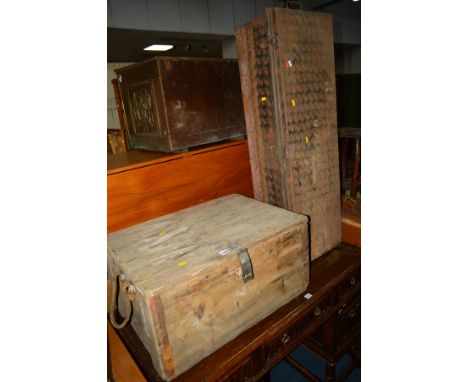A VINTAGE PINE AMMO CRATE together with a long rectangular tin trunk (sd) (2)