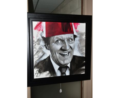 JEN ALLEN (BRITISH 1979) 'JUST LIKE THAT' a head and shoulders portrait of Tommy Cooper, signed bottom left, acrylic on canva