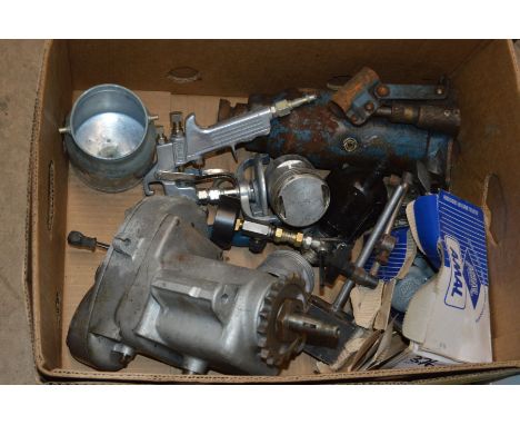 A BOX CONTAINING AN ENGINE, paint sprayer gun etc