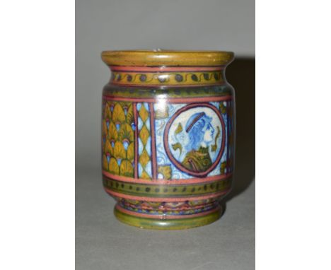 A LATE 19TH CENTURY BRITISH ART POTTERY JAR, painted decoration with an underglaze blue side profile male portrait and surrou
