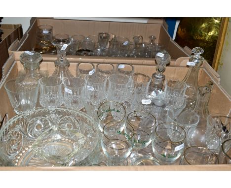 TWO BOXES OF GLASSWARE to include pressed glass decanters, cut glass claret jug, 'Irish Coffee' glasses, six cut glass liqueu