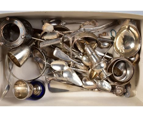 A BOX OF MISCELLANEOUS SILVER, LATE GEORGIAN TO 20TH CENTURY, including tea spoons, egg cups, punch ladle on a turned wooden 