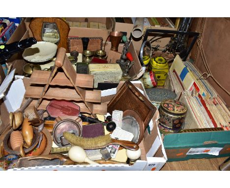 THREE BOXES AND LOOSE MISCELLANEOUS including a collection of ordnance survey maps, miscellaneous treen, assorted vintage tin