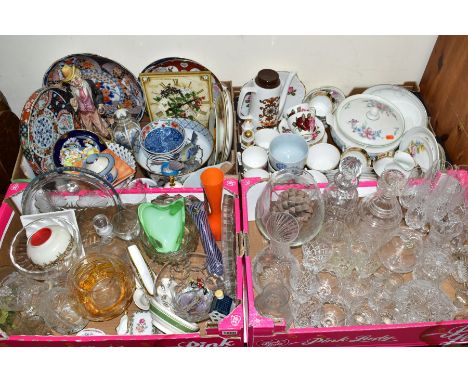 FOUR BOXES OF GLASS AND CERAMICS to include Royal Doulton Carmel tureen, Delphine tea wares, modern decorative Chinese plates