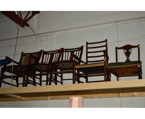 AN EDWARDIAN MAHOGANY AND INLAID THREE PIECE SALON SUITE, including one armchair together with an oak ladder back elbow chair