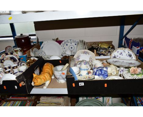 FIVE BOXES AND LOOSE OF CERAMICS etc, to include Wedgwood Queensware, a collection of tea pots, Minton cups and saucers, Coal