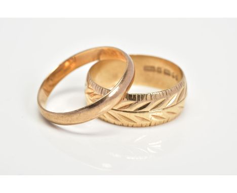 TWO 9CT GOLD RINGS, the first a plain polished band, ring size R, second with foliate textured design, ring size Q, both with