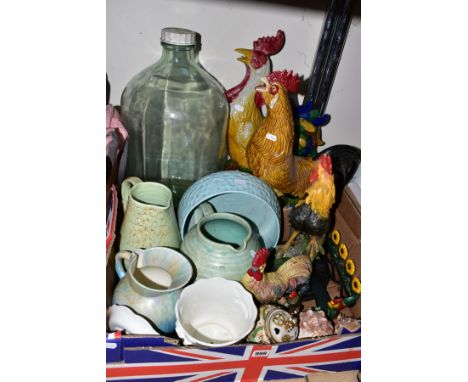 A BOX AND LOOSE SUNDRY ITEMS, to include decorative ceramic Cockerels, tallest approximately 57cm, cast iron examples includi
