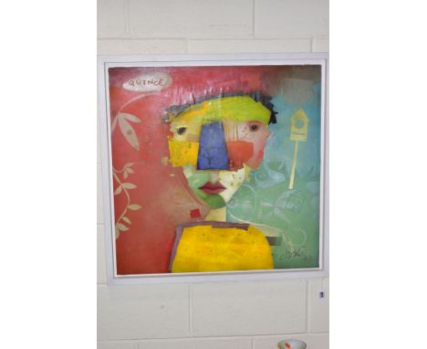 TERRI HALLMAN (AMERICAN 1962) 'QUINCE' an abstract portrait, signed lower right, mixed media on paper, laid onto board, frame