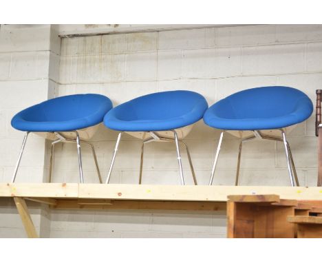 A SET OF THREE BLUE UPHOLSTERED AND PERSPEX TUB CHAIRS on chrome legs together with a pair of white ground jewellery cabinets