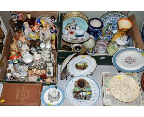 TWO BOXES AND LOOSE CERAMICS, boxed commemorative golf balls etc, to include Gouda pottery, Wade, a Disney Snow White and the