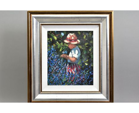 SHERREE VALENTINE DAINES (BRITISH 1959) 'PICKING BLUEBELLS', a limited edition print 70/195 of a child picking flowers, signe