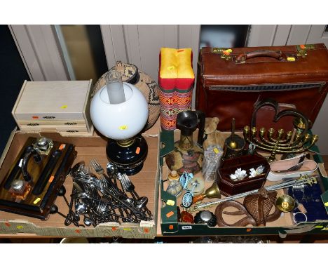 TWO BOXES AND LOOSE SUNDRY ITEMS, to include ink stand, ceramic base oil lamp, with glass shade and funnel, 'stratic, Germany