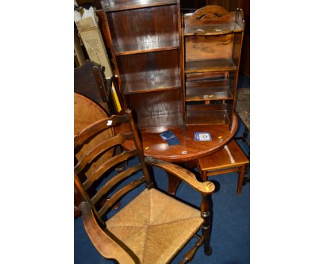 TWO OAK OPEN BOOKCASES and an oak ladder back carver chair (3)