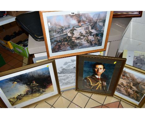 FOUR GLAZED PRINTS OF PARACHUTE REGIMENT INTEREST, two are 'The Bridge of Arnhem' Please Note one is signed by Major John Fro
