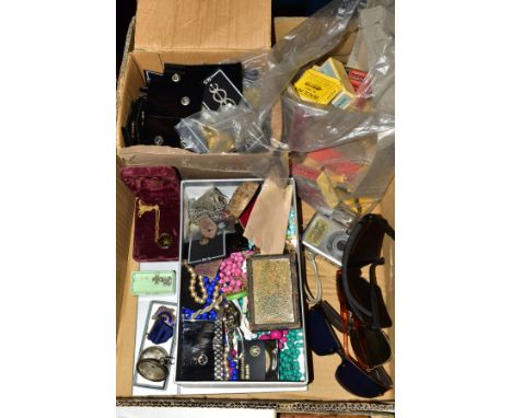 A BOX OF COSTUME JEWELLERY, etc, to include a small box of Robert Simon pin badges, a Rotary President medal and ribbon, stam