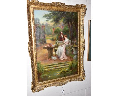 JAMES SINCLAIR (19TH/20TH CENTURY) a young couple in a garden, a white cat at the ladies feet, signed bottom right, oil on ca