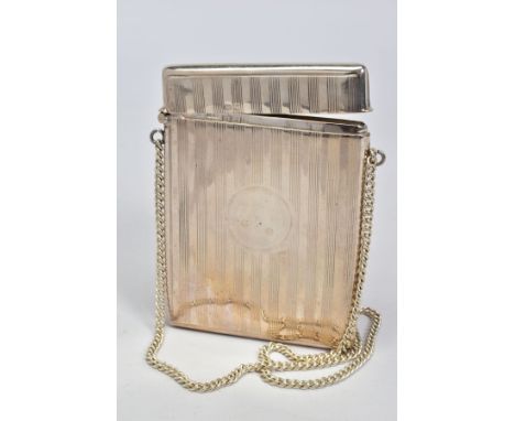 AN EDWARDIAN SILVER CARD CASE OF RECTANGULAR FORM, hinged top, engine turned decoration, vacant circular cartouche, makers I 