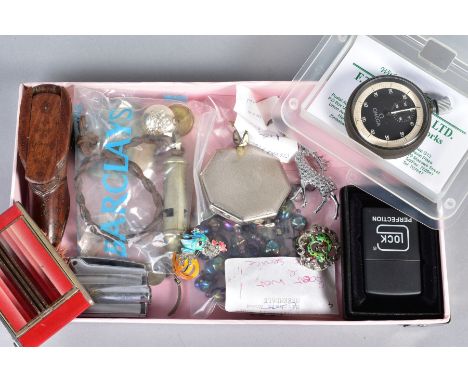 A SELECTION OF JEWELLERY etc, to include an Omega stop watch, an engine turned compact, a whistle, a Zippo lighter, a Ron lig