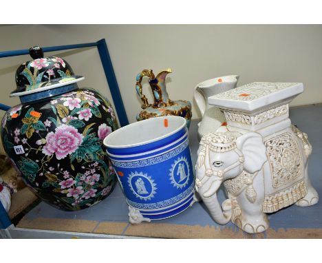 VARIOUS JARDINIERES, JUGS, etc, to include a Chinese jar and cover, height 49cm, decorated with pink peony flowers on black g