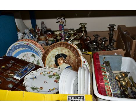 FOUR BOXES OF CERAMICS AND METALWARE to include display shelf of collectors tea spoons, EPNS and steel flatware (some boxed) 