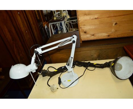 A VINTAGE BLACK GROUND ENAMEL DESK LAMP together with another desk lamp (2)