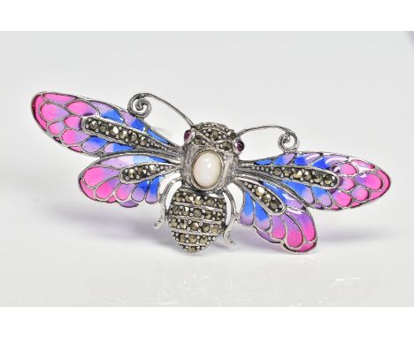 A PLIQUE-A-JOUR MARCASITE AND OPAL BUG BROOCH, designed as a moth with pink and blue plique-a-jour wings, marcasite body with