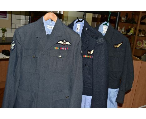 FIVE UNIFORM ITEMS FOR THE RAF, WWII/post WWII era, jackets, shirts, trousers and caps, some with cloth and metal insignia