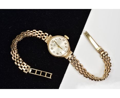 A 9CT GOLD LADIES ROTARY WATCH, the circular white face with Arabic numerals, to the brick design strap, with 9ct hallmark, l
