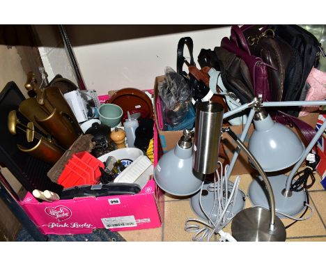 TWO BOXES AND LOOSE ITEMS to include John Lewis branded hand bags, Kin bags (leather and nylon), a pair of vintage style desk