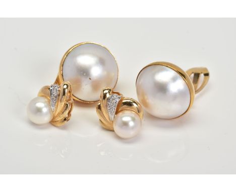 TWO PAIRS OF CULTURED PEARL EARRINGS, the first pair designed as a single cultured pearl with diamond set floral surround, wi