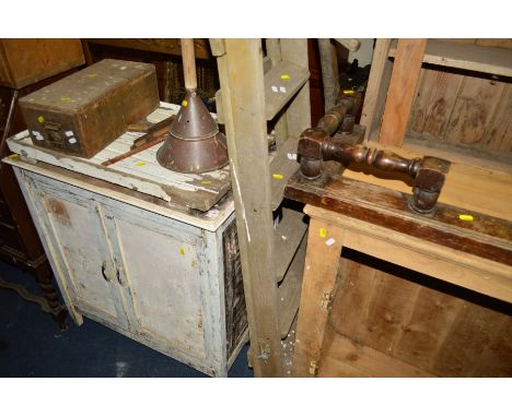 A PAINTED PINE TWO DOOR WASHSTAND, together with a painted drainage board,  oak index cabinet, wooden ladders, fender and dol