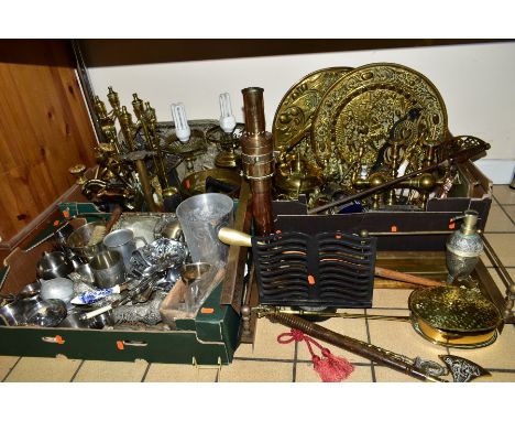 THREE BOXES AND LOOSE OF METALWARE, to include brass jardiniere, five companions, embossed brass trays, brass chestnut roaste