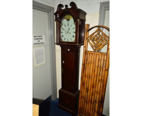 A GEORGE III OAK EIGHT DAY LONGCASE CLOCK, the hood with a swan neck pediment, flanked by cylindrical and brass Corinthian co