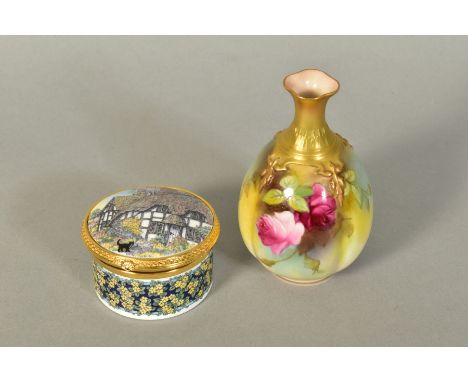 A SMALL ROYAL WORCESTER BUD VASE, painted roses, gilt detailing, shape no 283, height 10cm, together with a Royal Worcester t