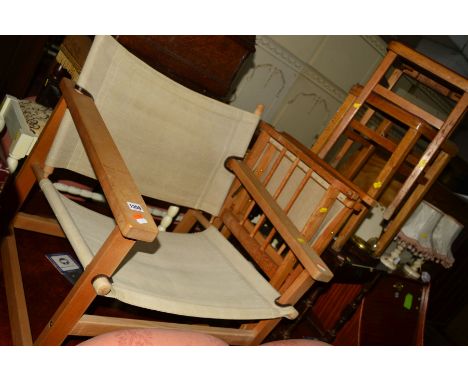 A MID 20TH CENTURY BEECH AND FABRIC ARMCHAIR, a folding beech directors chair, together with a collection of occasional furni