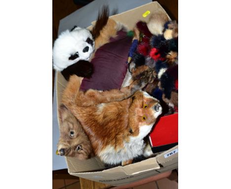 A BOX OF FUR STOLES, SCARVES, TIPPETS, ETC, to include fox fur, mink etc, and a boxed coney fur hand puppet in the form of a 