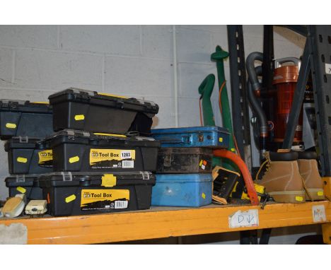 A PLASTIC TOOL BOX AND NINE SMALLER TOOL BOXES CONTAINING VARIOUS TOOLS together with two Black and Decker strimmers and a pa
