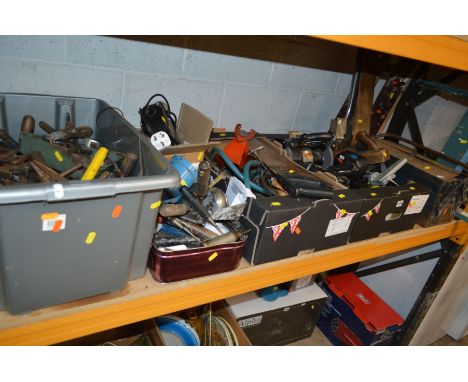 FIVE BOXES AND A TOOLBOX OF VARIOUS HAND TOOLS, including a Bench grinder, jigsaw, and Workmate, etc (9)  