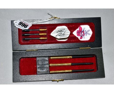 A SET OF ERIC BRISTOW ('THE CRAFTY COCKNEY') TUNGSTEN DARTS with an EB logo on the gold plated shafts (limited edition), the 